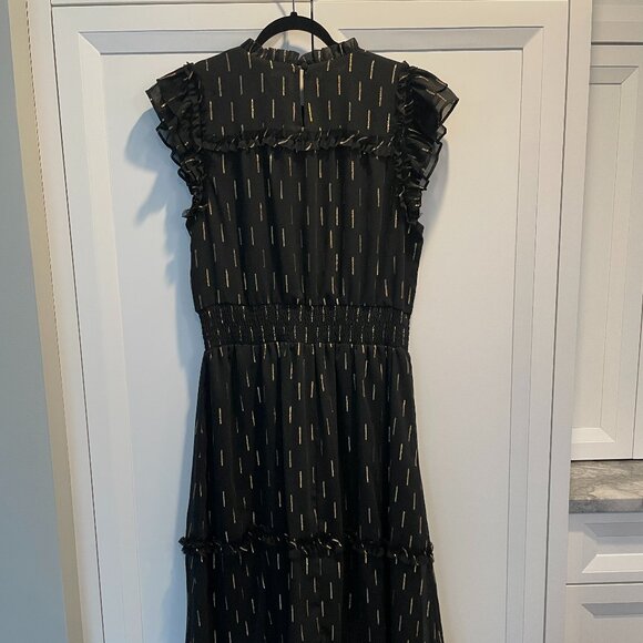 CeCe Women's Metallic Print Ruffled Smocked Waist Midi Dress XL Black w/Gold - Picture 2 of 8